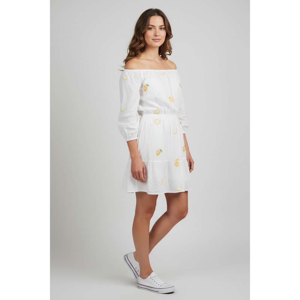 Nimo With Love White Lemon‎ Embroidered Beaded Off Shoulder Cotton Mini Dress M